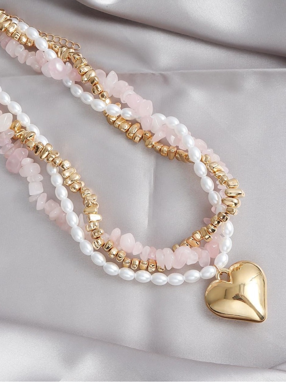 Anthropologie Gold Heart Layered Necklace with Pink Stones and Pearls - Picture 4 of 6